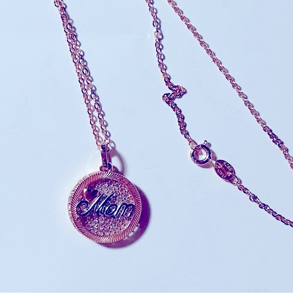 Silver Over Rose Gold Double Pendant “Mom” CZ & Necklace - Picture 8 of 10